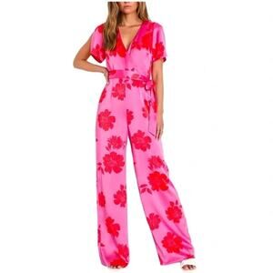 Lulus Sleek Desires Pink Floral Satin Split Sleeve
Wide-Leg Jumpsuit Size XS NWT